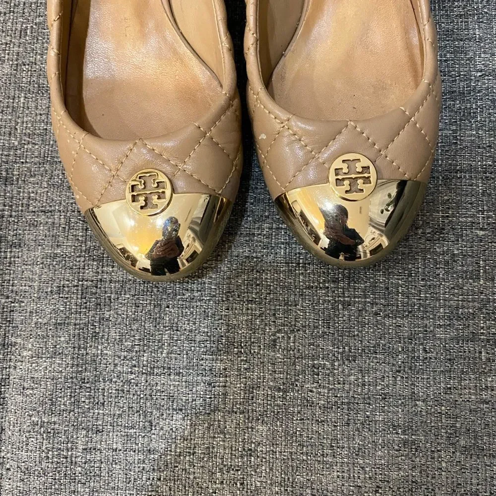Tory Burch Kaitlin Quilted Leather Gold Cap-Toe Pumps Heels Women’s Size 5.5